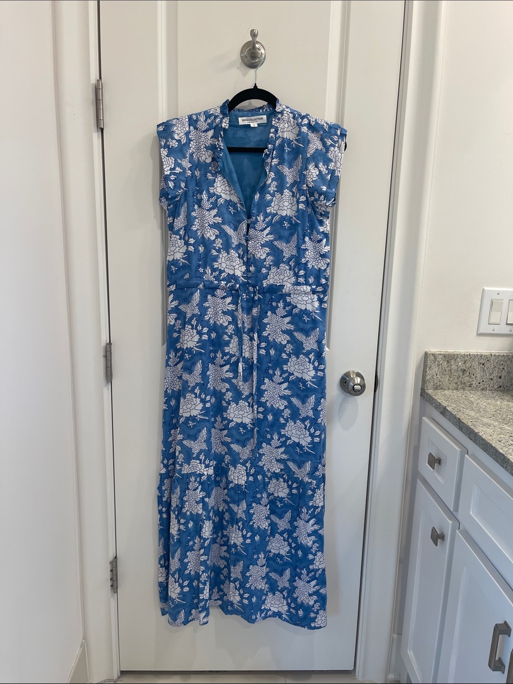 Emerson Fry Blue & White Floral Maxi Dress with Tie Waist